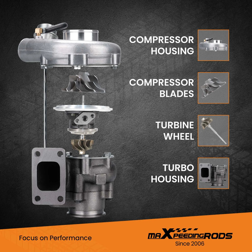 Exploded view diagram of turbocharger components with technical labels