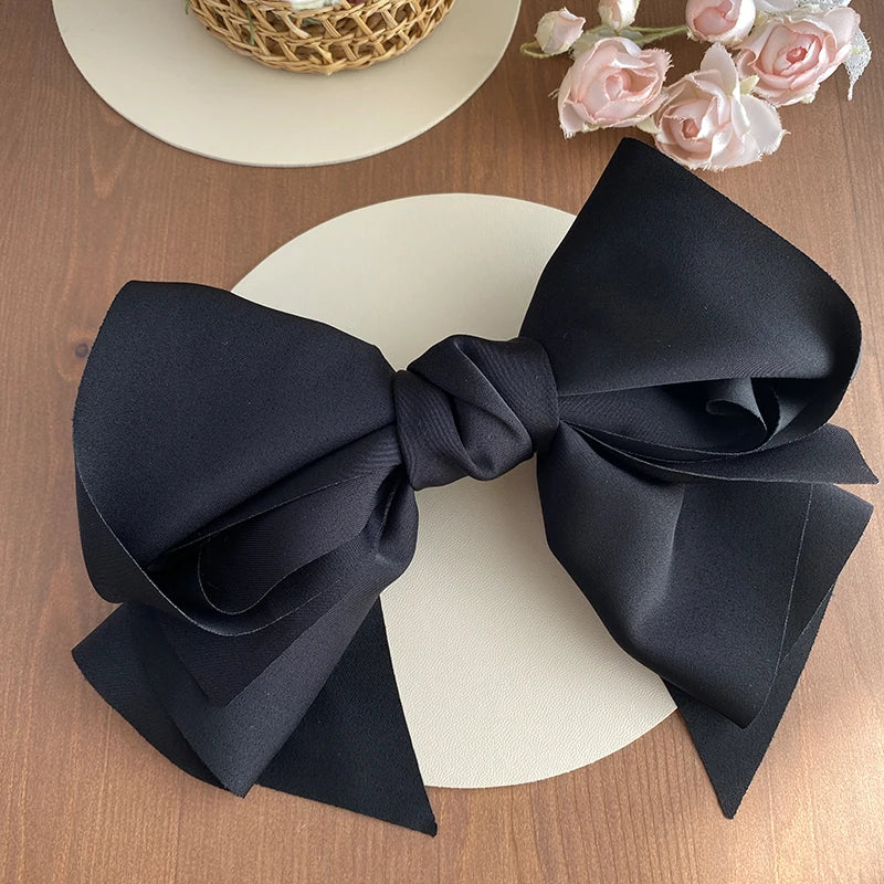 Satin Bowknot Barrette - Large Multi-Layer Hair Clip – Black