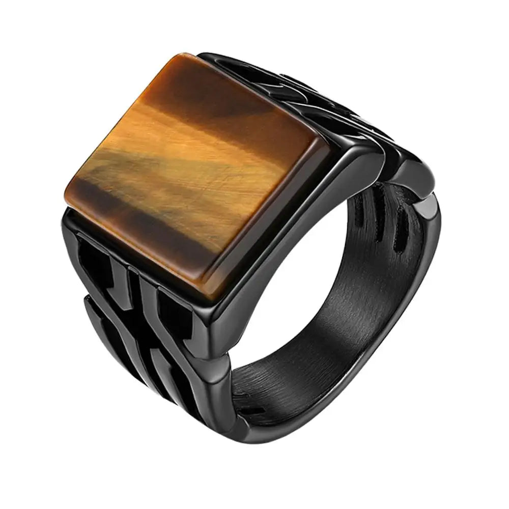 BONISKISS Vintage Men's Stainless Steel Ring with Tiger Eye Stone – a