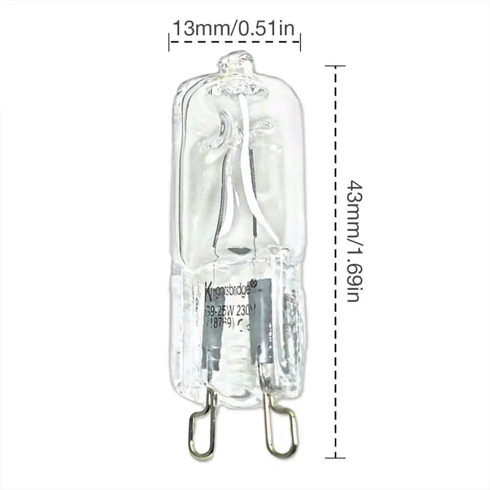 G9 halogen bulb with dimensions 43mm by 13mm.