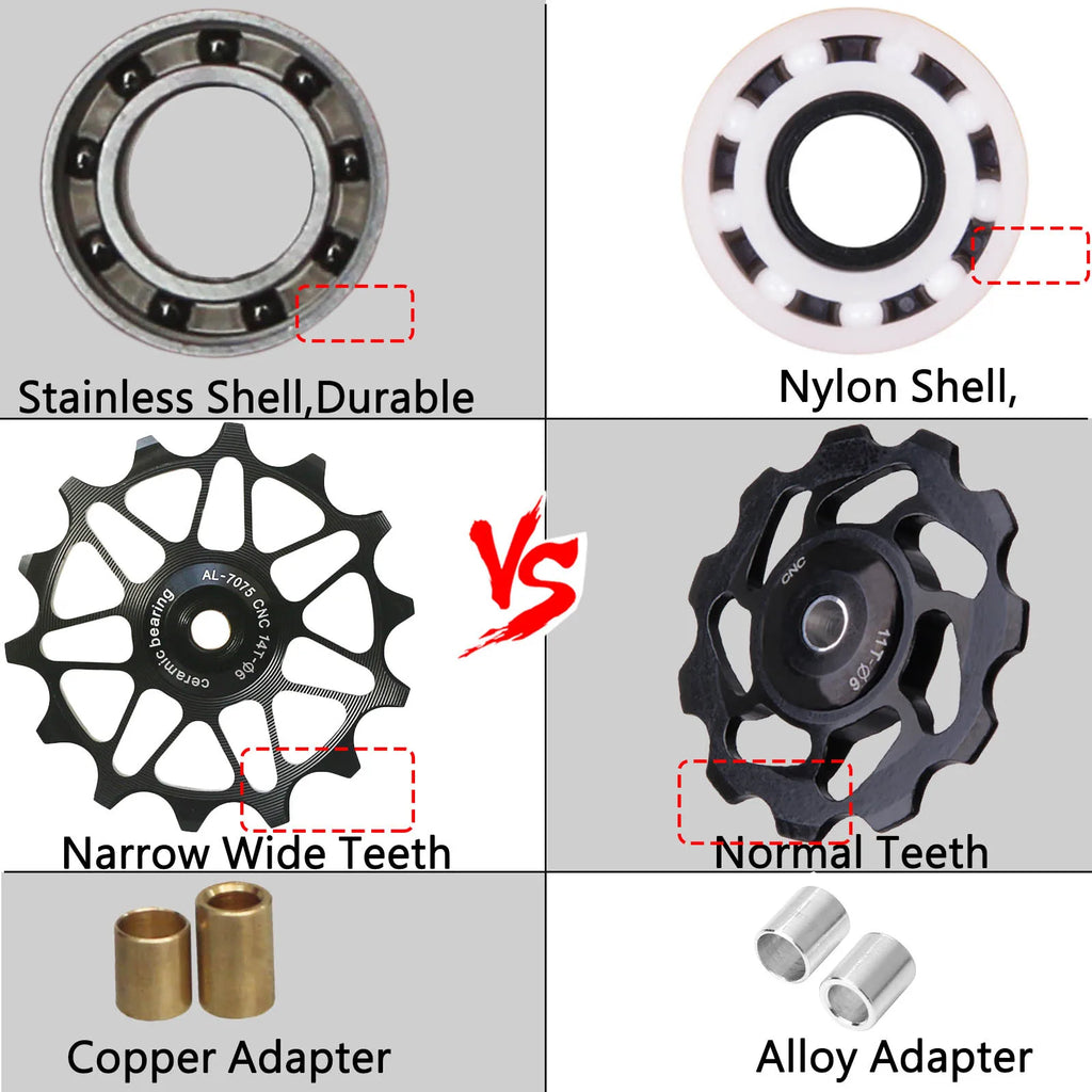 Comparison chart showing ceramic bearing jockey wheels with stainless and nylon shells