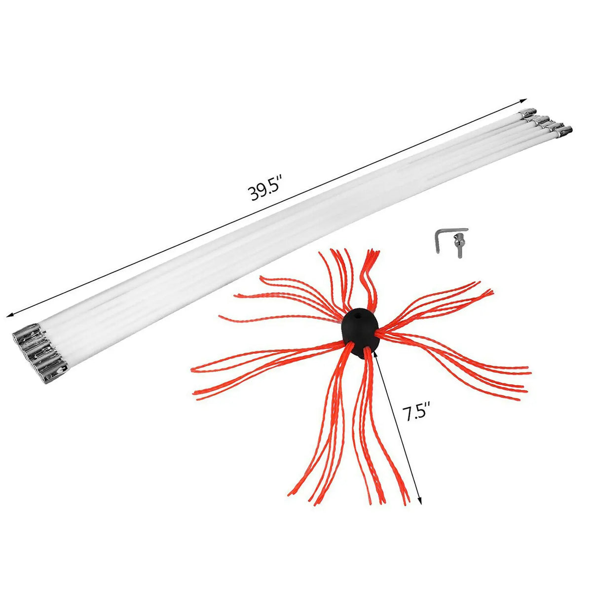 Chimney sweep kit components with measurement annotations for rod length and brush diameter