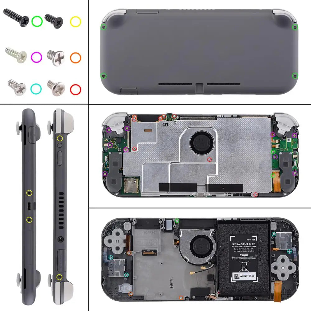 DIY replacement shell kit for handheld console showing housing parts and internal hardware components