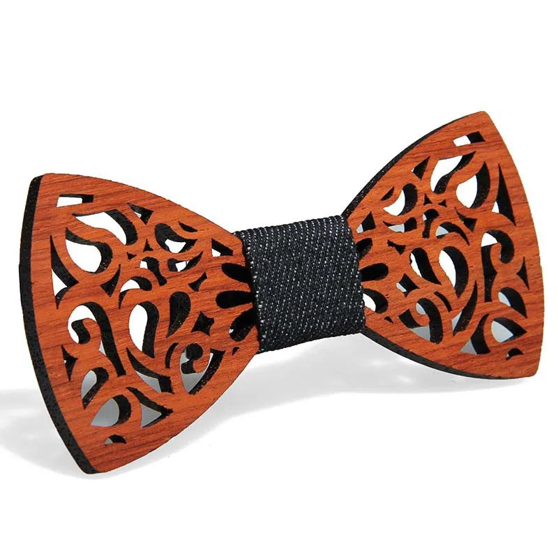 Vintage Wooden Bow Tie - Adjustable Strap Geometric Carved Bamboo – White