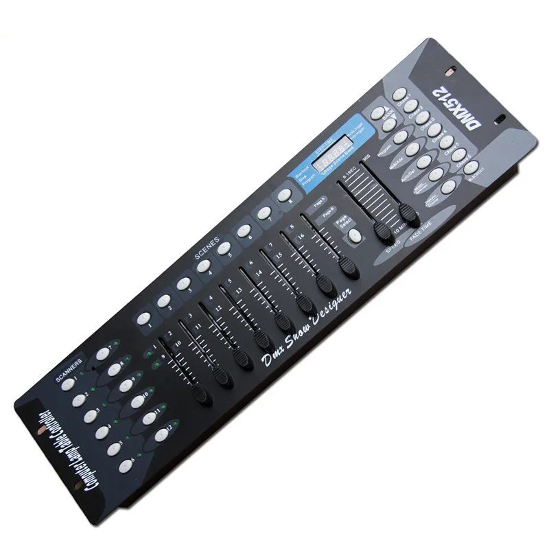 Top view of a black DMX lighting console controller with channel sliders and selection buttons
