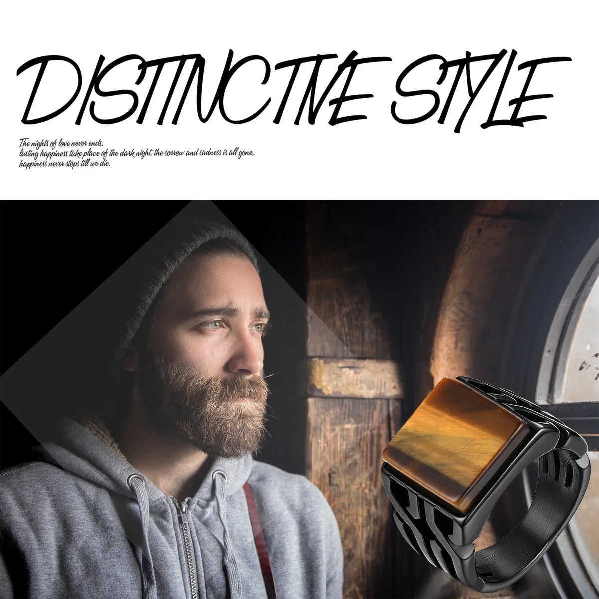 A man wearing a black stainless steel ring with a tiger eye stone