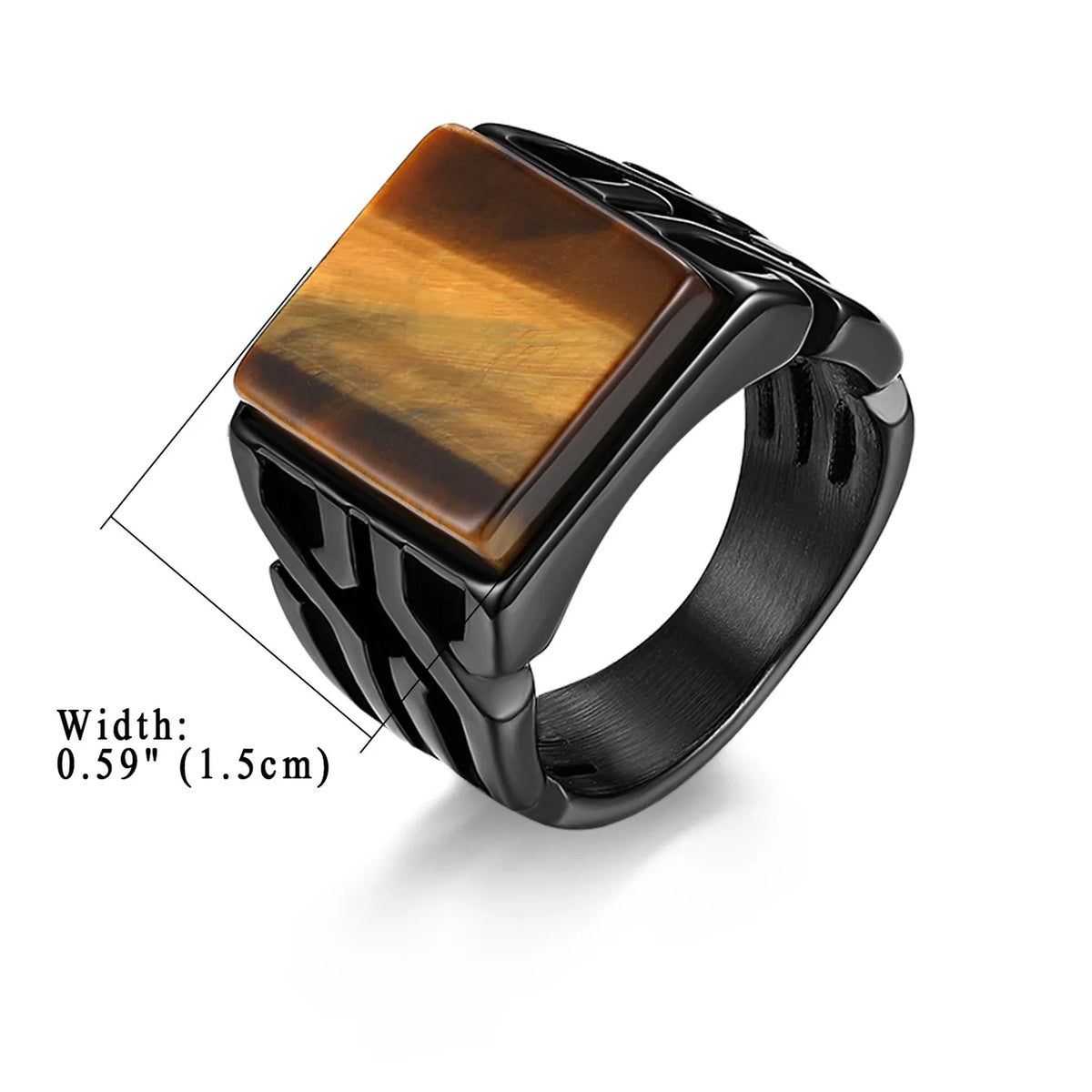 Men's square signet ring with a tiger eye gemstone and black stainless steel band showing width dimensions