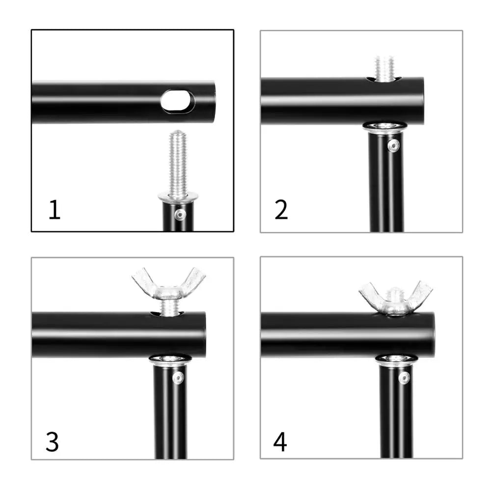A step-by-step instructional sequence showing how to assemble the crossbar and stand connector.