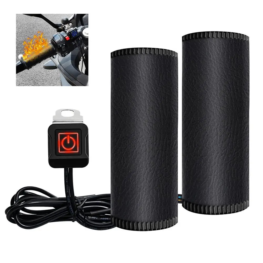 Motorcycle heated grip covers set with an inset showing the product installed on handlebars.