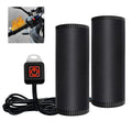 Motorcycle heated grip covers set with an inset showing the product installed on handlebars.