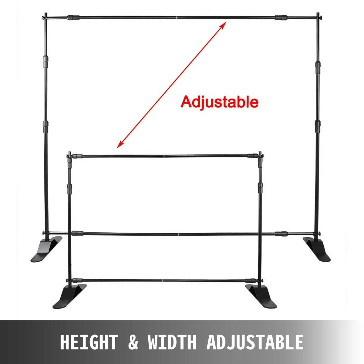 Adjustable height and width backdrop display stand showing two sizes