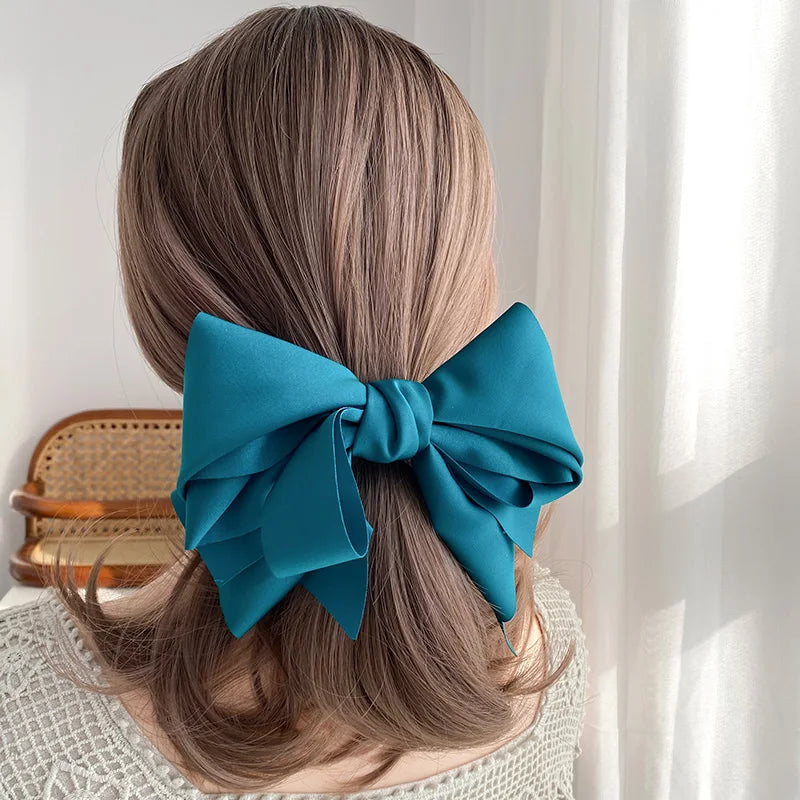 Satin Bowknot Barrette - Large Multi-Layer Hair Clip – Peacock blue