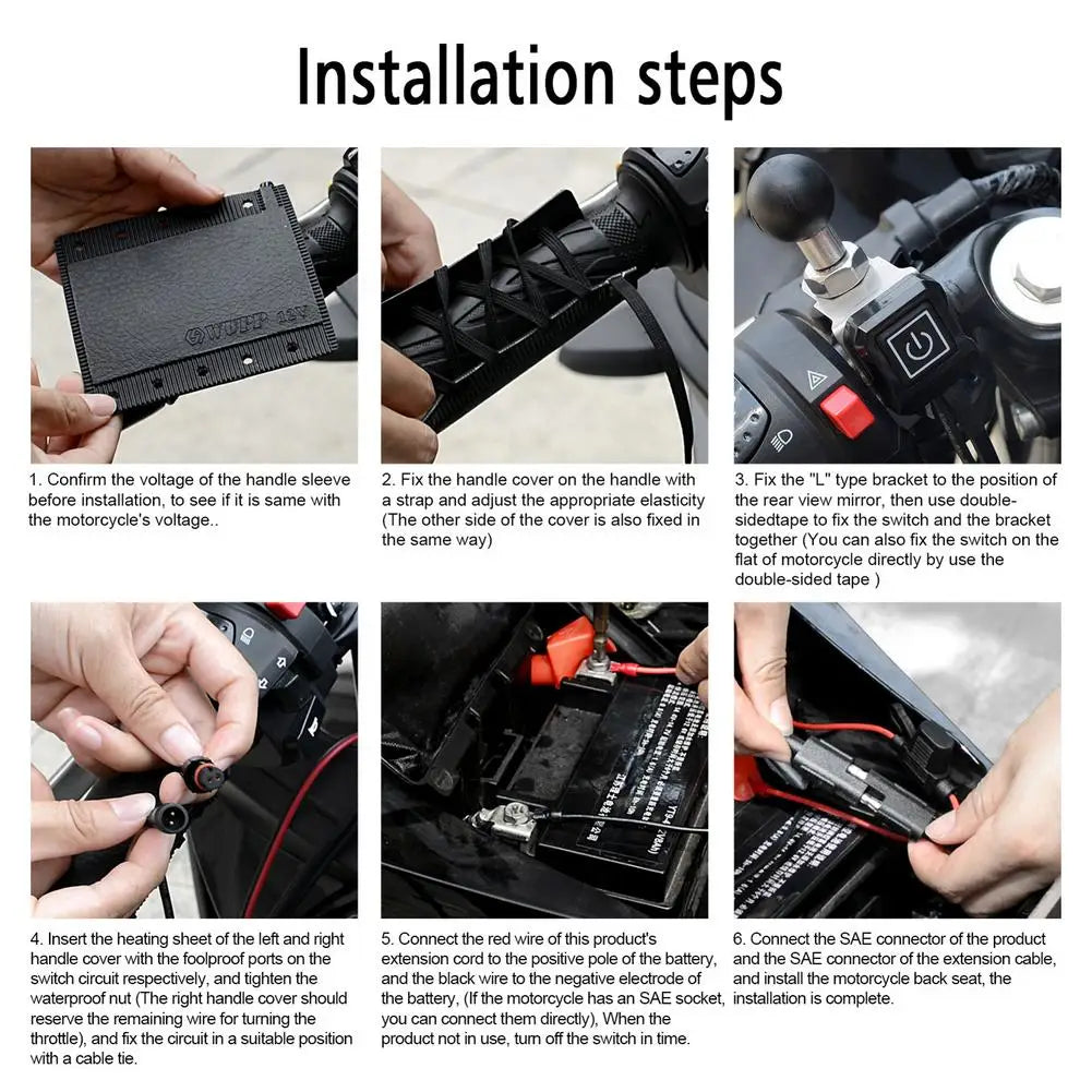 A six-step visual guide demonstrating the installation process for motorcycle heated handlebar covers.