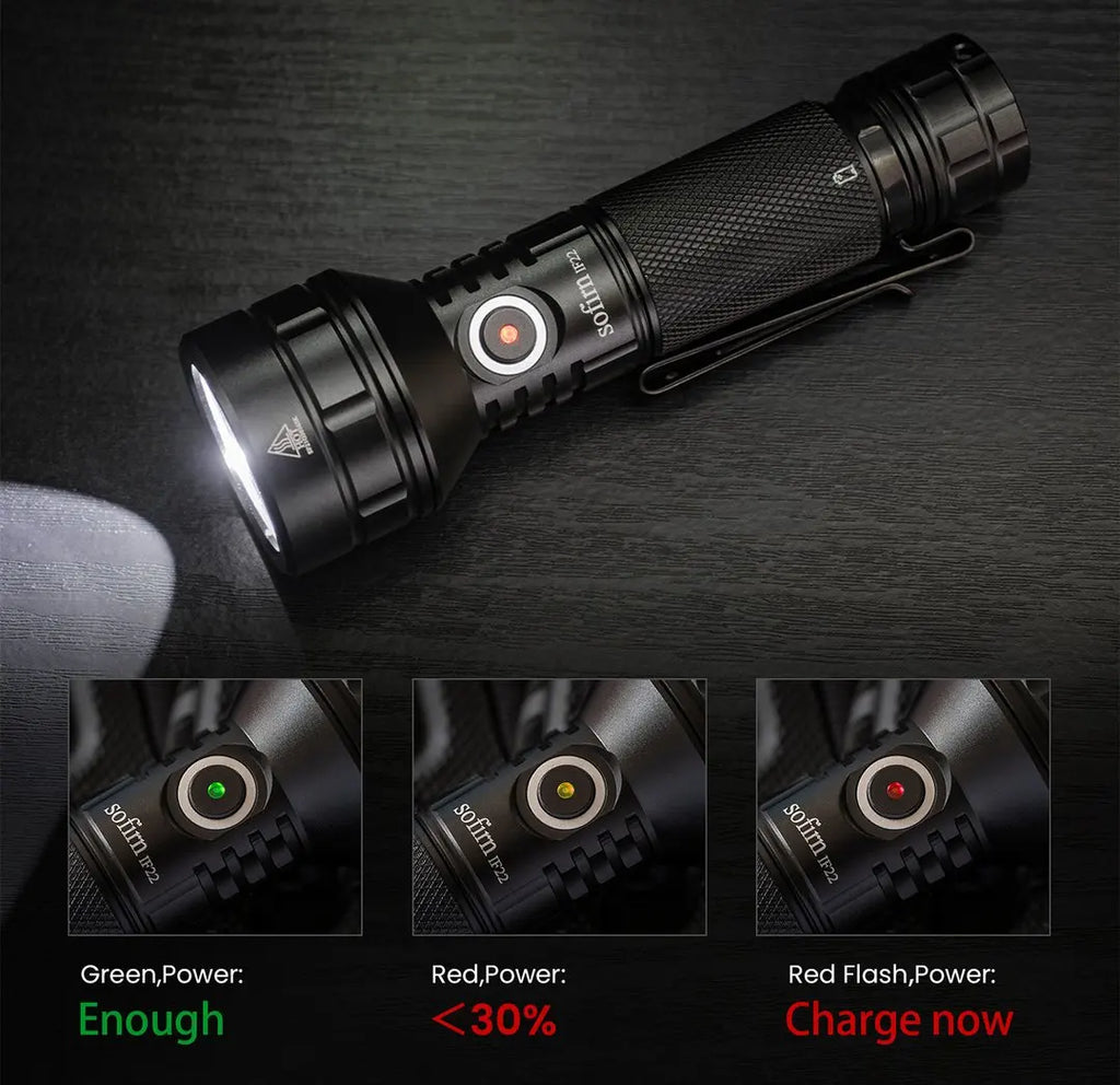 Handheld black LED flashlight showing different battery level indicator lights