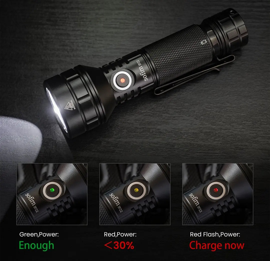 Handheld black LED flashlight showing different battery level indicator lights
