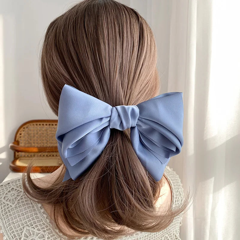 Satin Bowknot Barrette - Large Multi-Layer Hair Clip – Blue