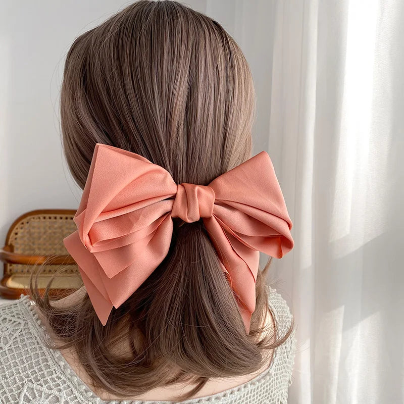 Satin Bowknot Barrette - Large Multi-Layer Hair Clip – Orange