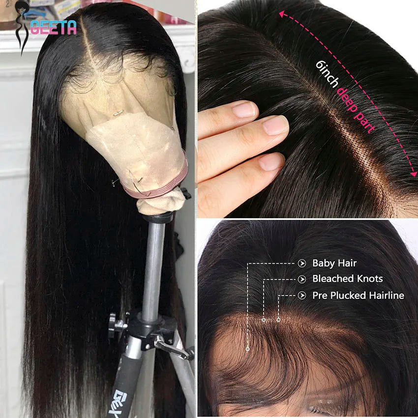 Human hair lace front wig on mannequin head with deep parting and pre-plucked hairline