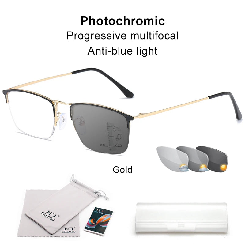 Clloio Titanium Alloy Progressive Photochromic Reading Glasses – Gold-Photochromic