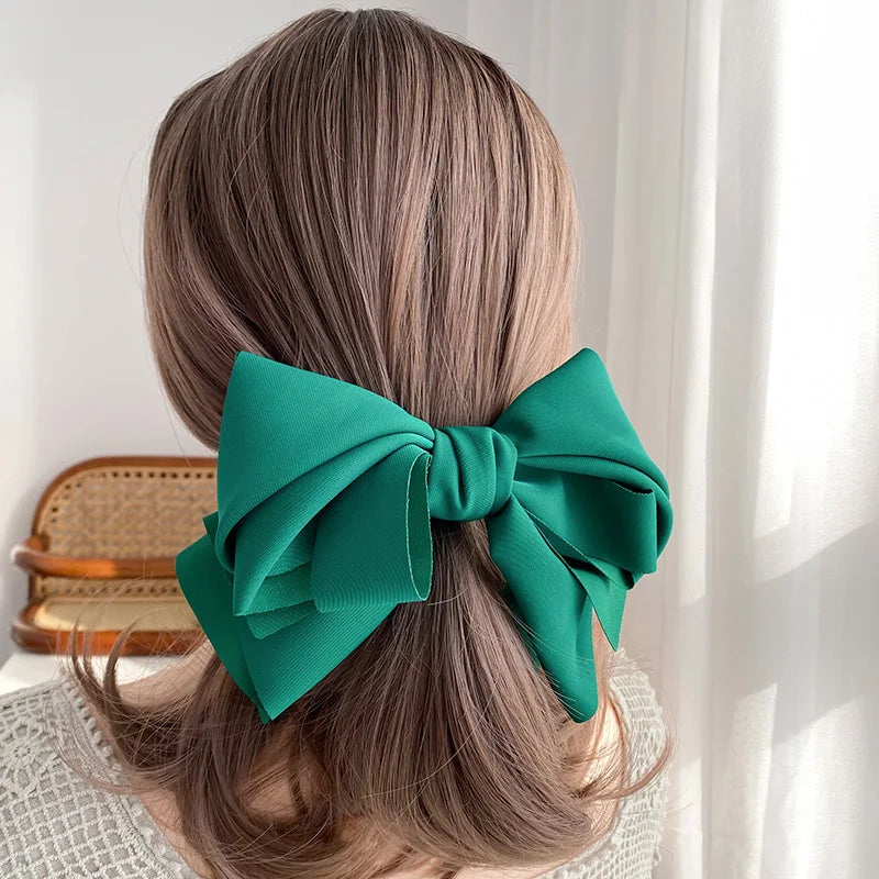 Satin Bowknot Barrette - Large Multi-Layer Hair Clip – Green