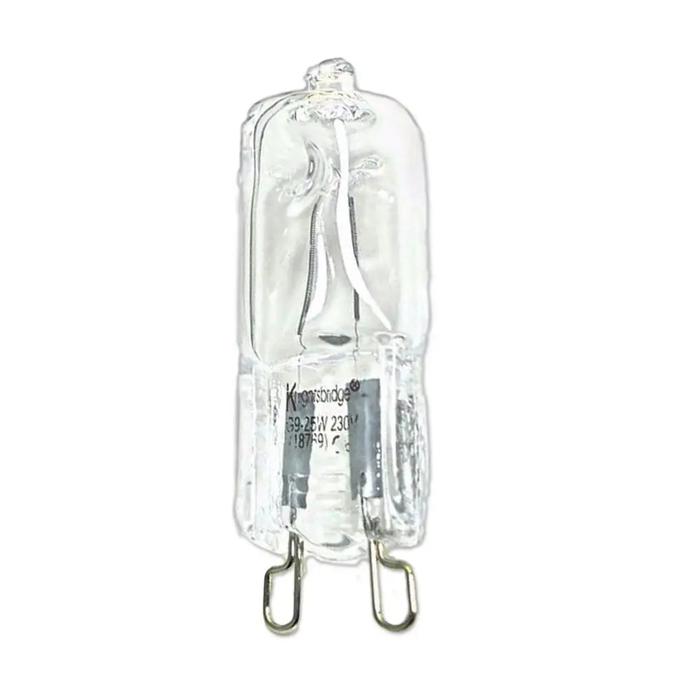 Clear G9 halogen oven light bulb with two pin base.