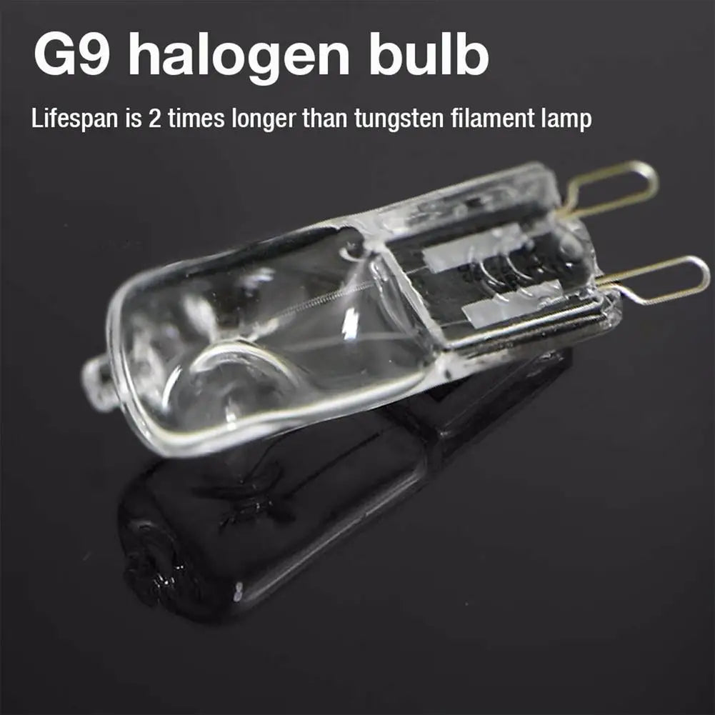 Clear G9 halogen oven bulb with descriptive text about its lifespan.