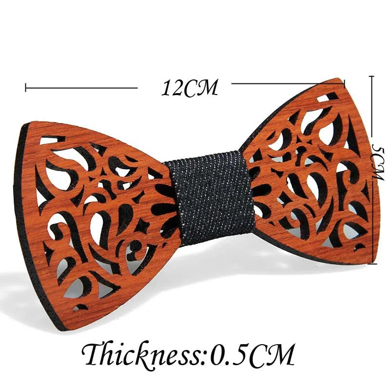 Filigree laser cut wooden bow tie with dimensions marked