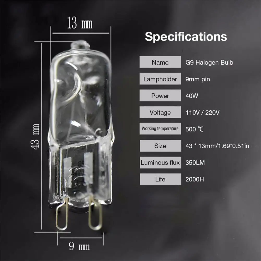 G9 halogen bulb specifications table, 40W, 500 degrees Celsius, 350 lumens.