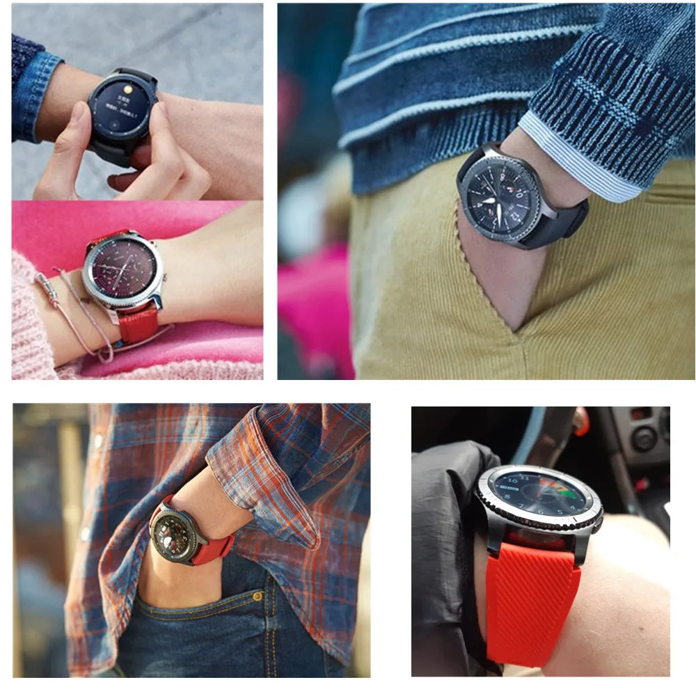 A compilation of different wrist shots showing various colored silicone smartwatch bands worn by people.