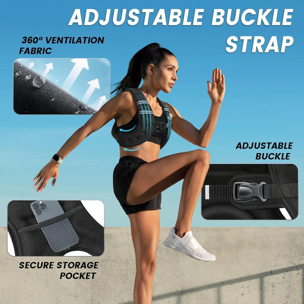 Woman jogging wearing a black weighted vest with adjustable buckle and phone storage pocket