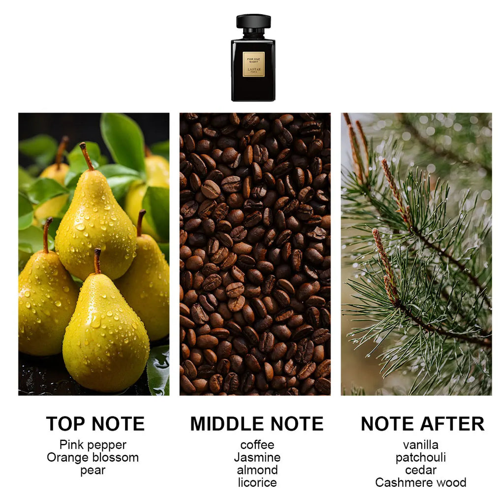 Perfume bottle featuring a collage of pear, coffee beans, and pine branches to represent fragrance notes.