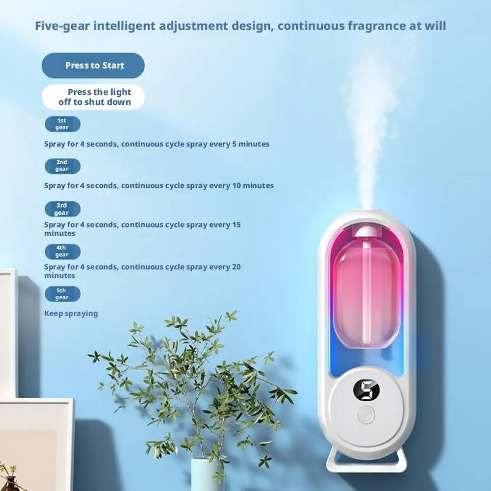 Automatic fragrance diffuser with text explaining the five gear intelligent adjustment settings