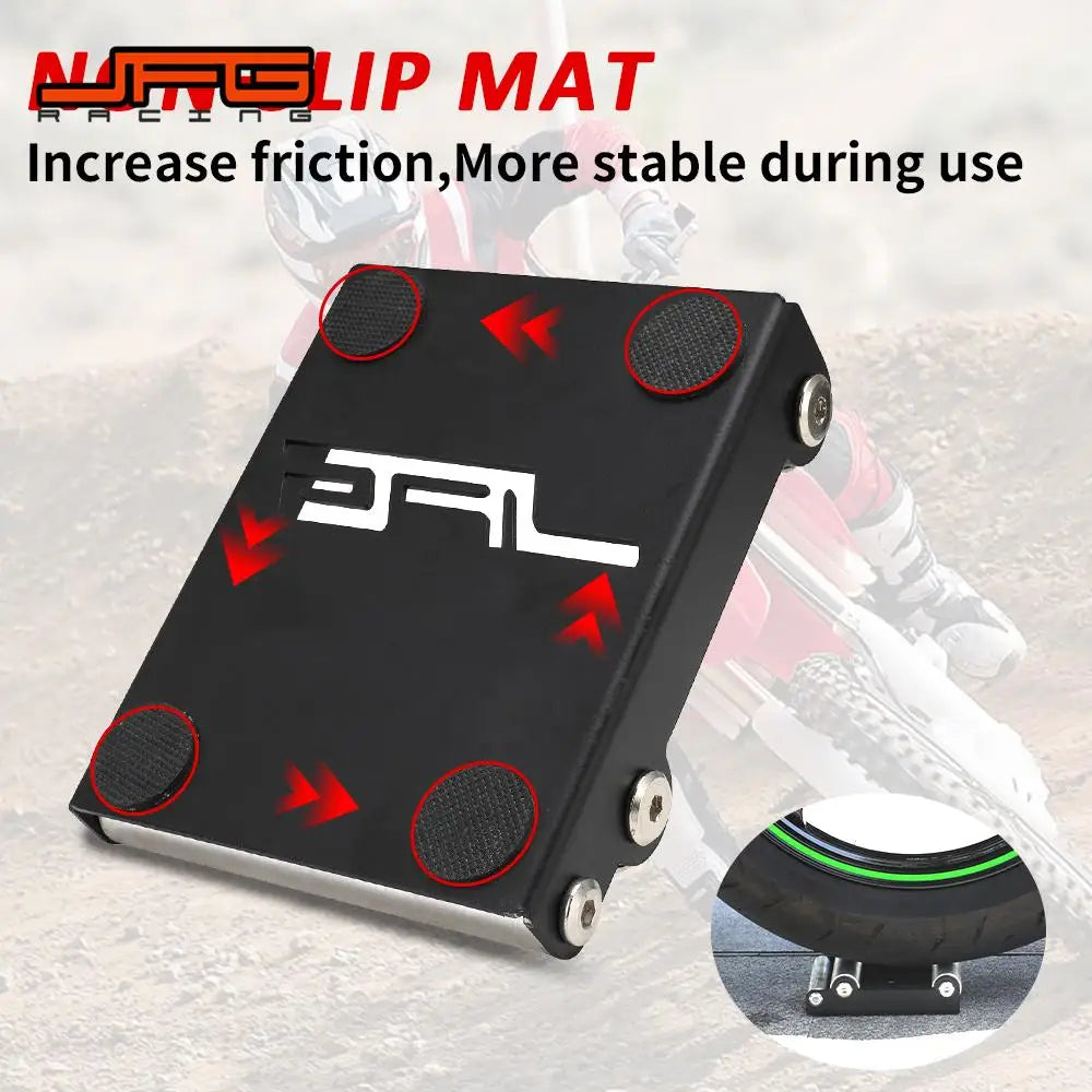Motorcycle wheel cleaning bracket underside showing anti-slip rubber pads for stability.