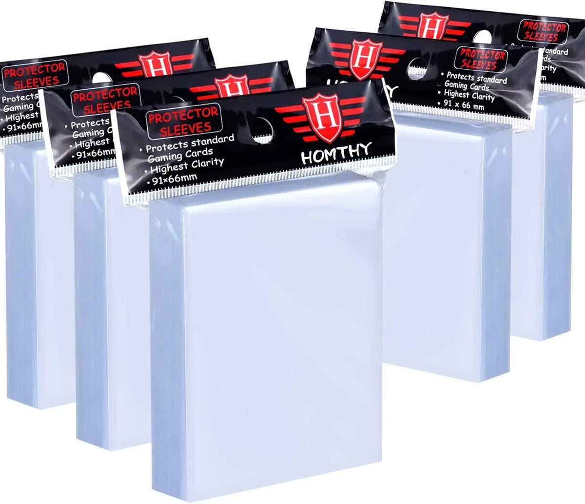 A stack of multiple packs of clear protective card sleeves for standard size trading cards.