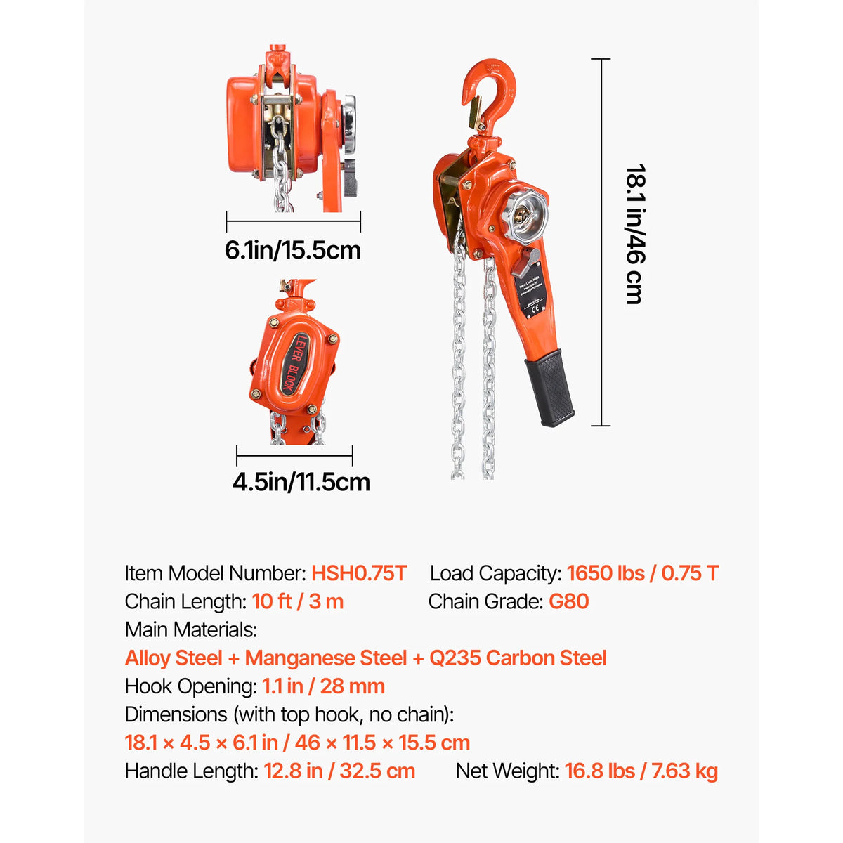 SucceBuy 0.75T Manual Lever Chain Hoist with G80 Chain – 0.75T 10ft