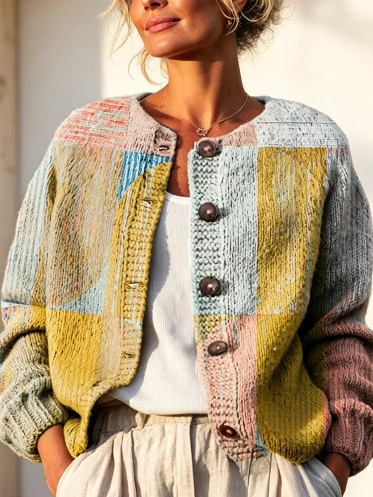 Women's Color Block Knit Cardigan, Crew Neck Button-Front Sweater – Multi