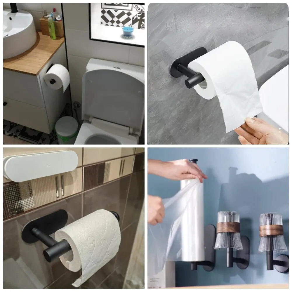 Various bathroom settings showing installation of adhesive wall-mounted toilet paper holders