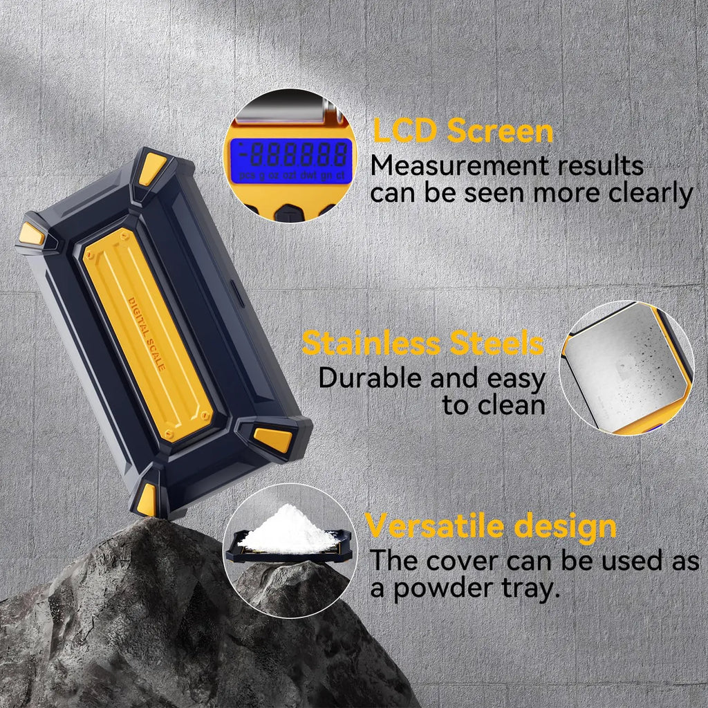 Digital gram scale features including LCD screen, stainless steel surface and powder tray lid