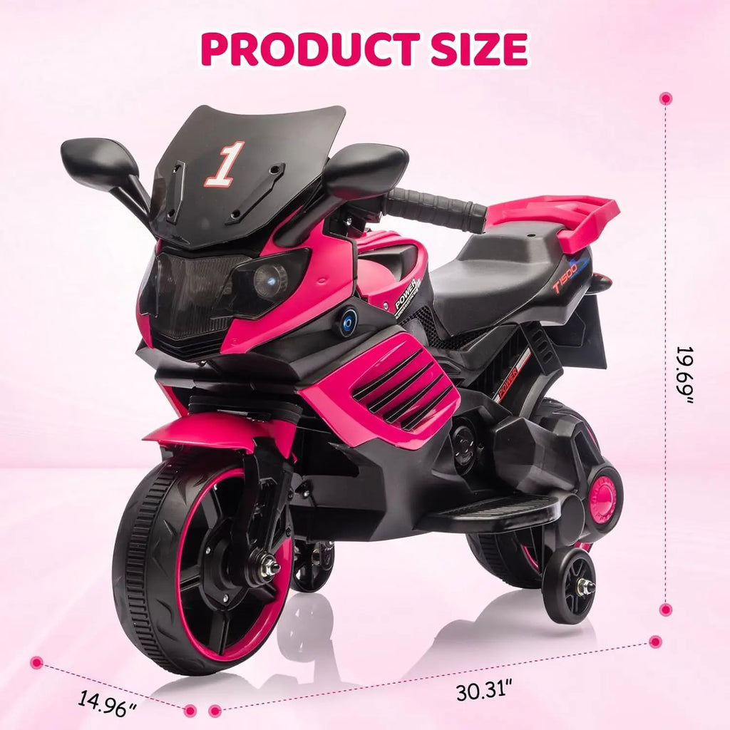 Pink and black kids electric motorcycle with dimensions labeled