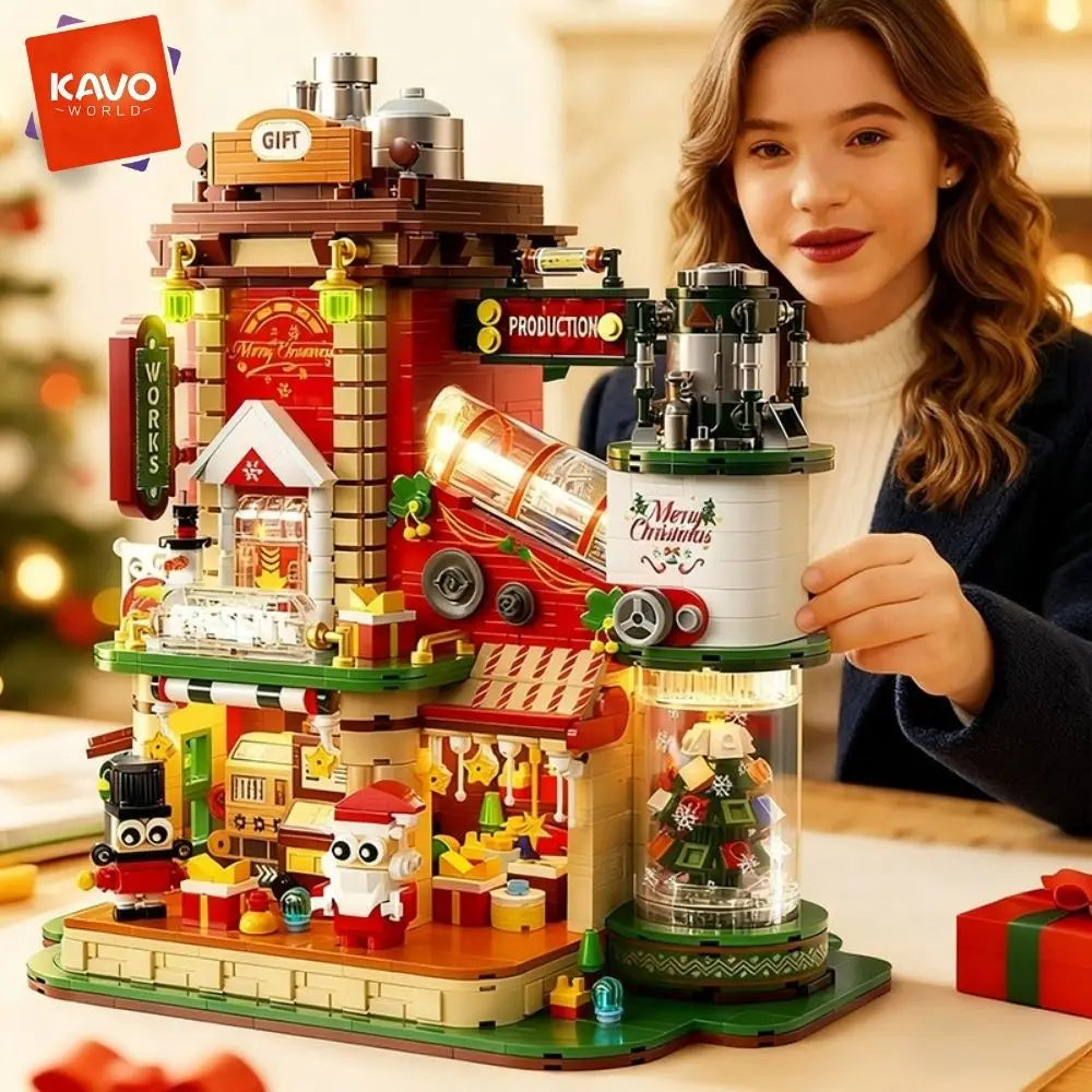Young woman assembling a Christmas gift factory building block set with LED lights