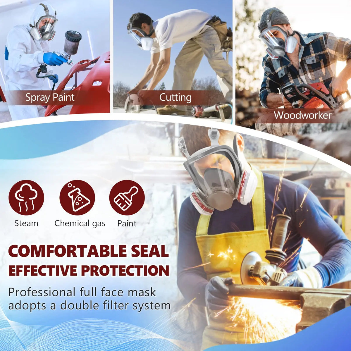Workers wearing full face respirators while spray painting, cutting, and performing metal grinding