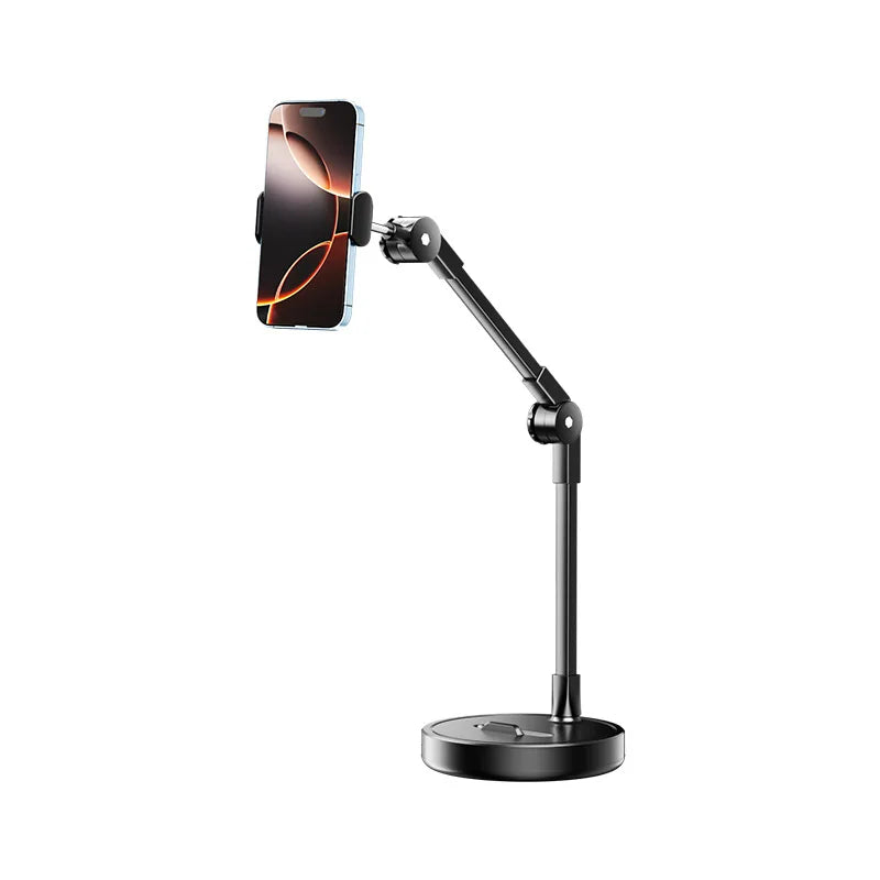 Adjustable black metal desk phone stand holding a smartphone in vertical position