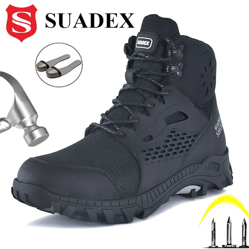 Black safety boot with steel toe cap, hammer and nail icons