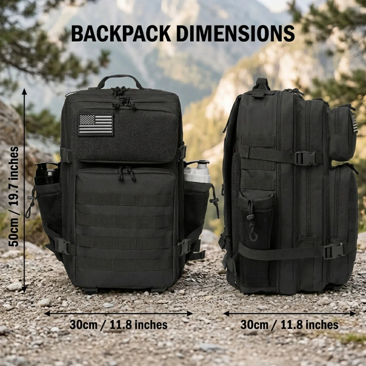 Front and side view of a black tactical backpack with measurement labels displayed in a mountainous landscape.