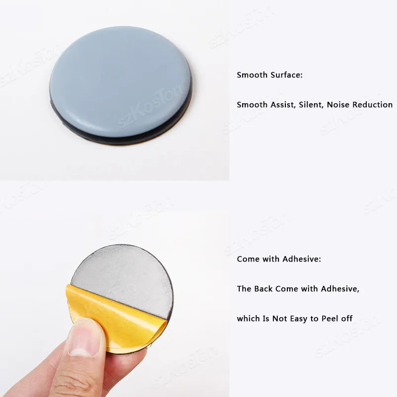 Adhesive furniture sliders and pads with close-up of peel-off backing