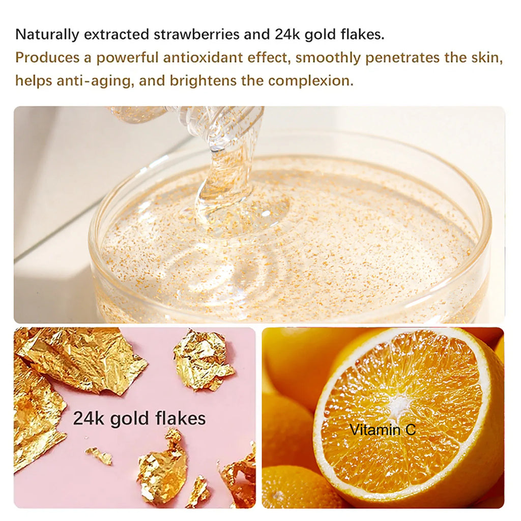 Pouring whitening serum into a glass bowl with 24k gold flakes and orange slices.