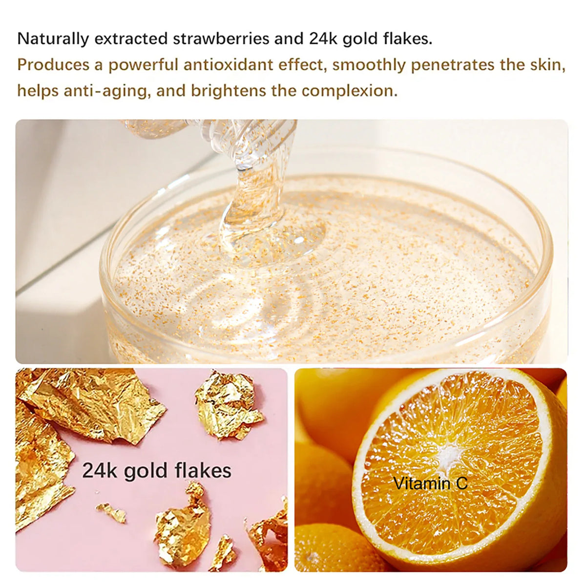 Pouring whitening serum into a glass bowl with 24k gold flakes and orange slices.