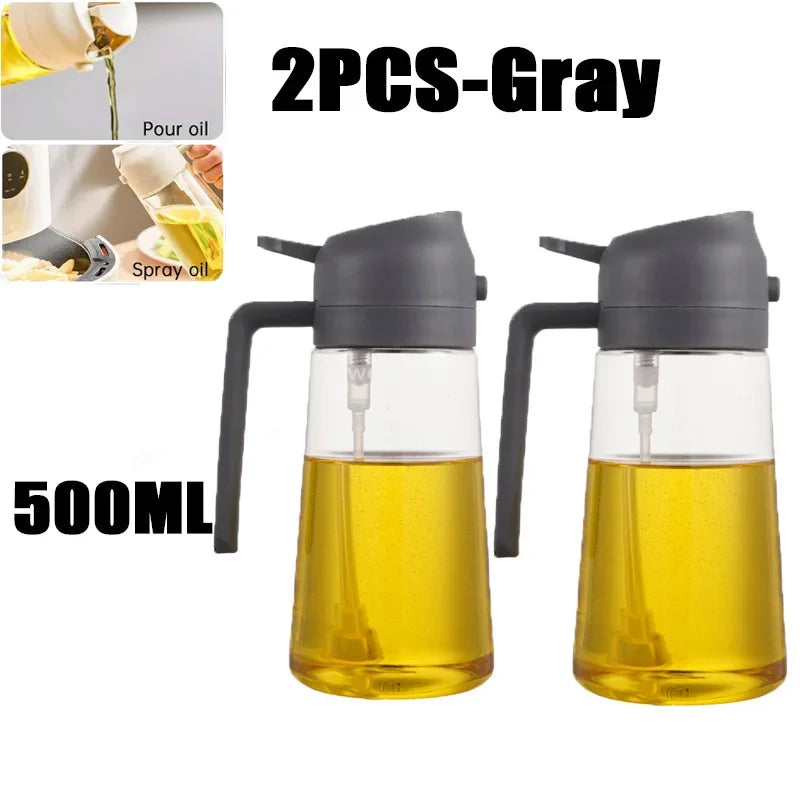 2-in-1 Kitchen Oil Spray Dispenser, 500ml Refillable Spray and Pour Bottle – 2PCS-grey
