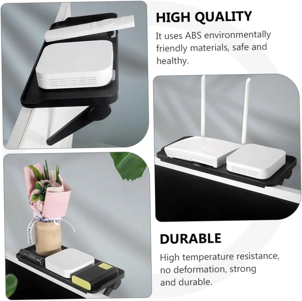Four panels showing the screen top shelf being used to hold media boxes and routers with text labels for high quality and