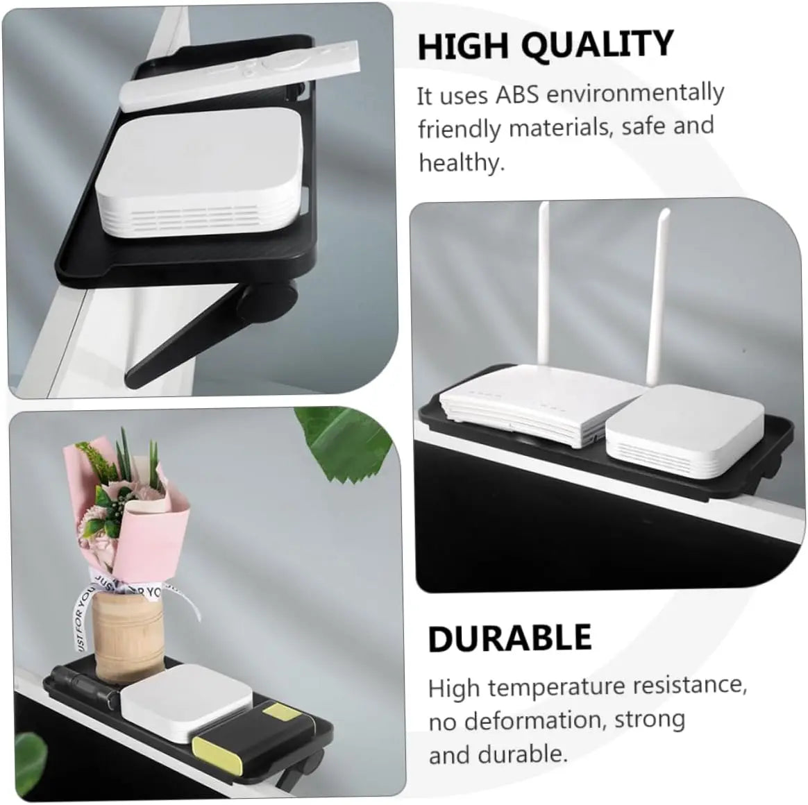 Four panels showing the screen top shelf being used to hold media boxes and routers with text labels for high quality and
